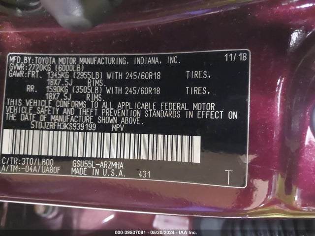 Toyota Highlander Xle 2019 5TDJZRFH3KS939199 Image 9