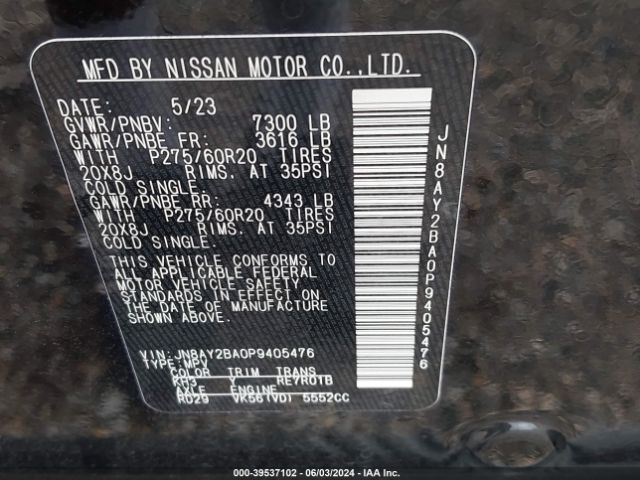 JN8AY2BA0P9405476 Nissan Armada Sl 2wd