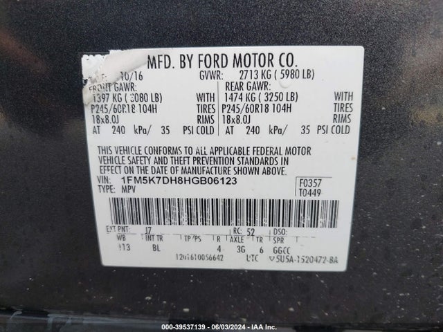 Ford EXPLORER XLT 2017 1FM5K7DH8HGB06123 Image 9