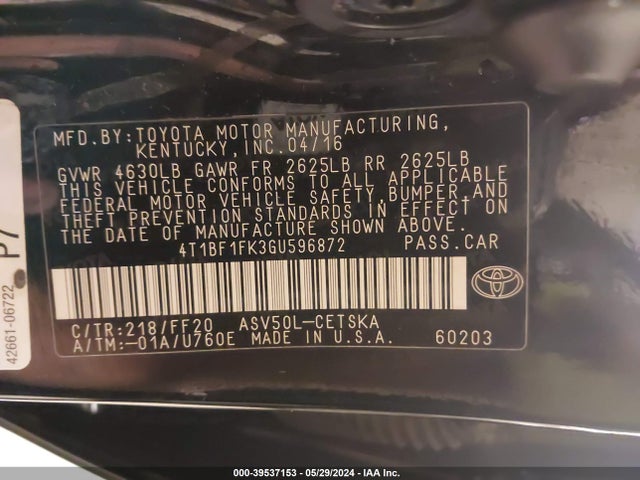 Toyota CAMRY SE 2016 4T1BF1FK3GU596872 Image 9