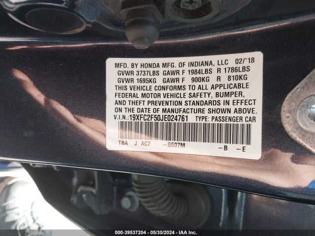 Honda Civic Lx 2018 19XFC2F50JE024761 Image 9