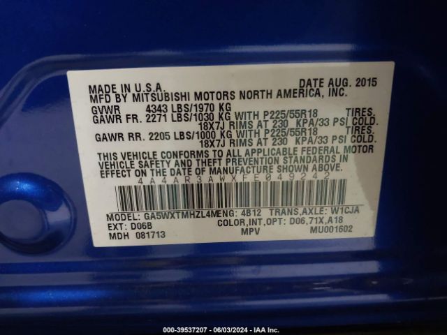 4A4AR3AWXFE049242 Mitsubishi Outlander Sport Es