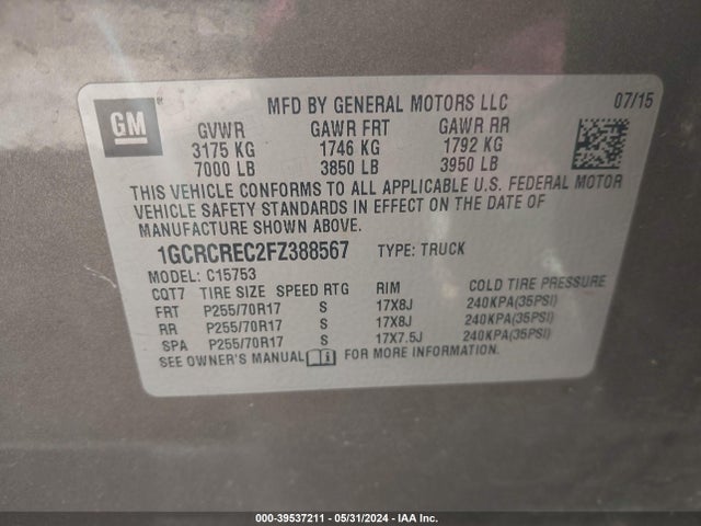 Chevrolet Silverado 1500 1lt 2015 1GCRCREC2FZ388567 Image 9