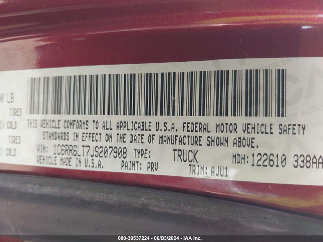 1C6RR6LT7JS207908 RAM 1500 Lone Star Silver  4x2 5'7 Box