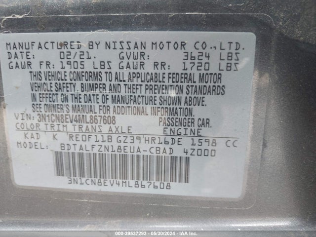 Nissan Versa Sv Xtronic Cvt 2021 3N1CN8EV4ML867608 Image 9