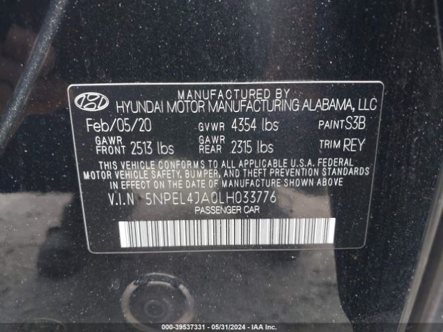 5NPEL4JA0LH033776 Hyundai SONATA SEL