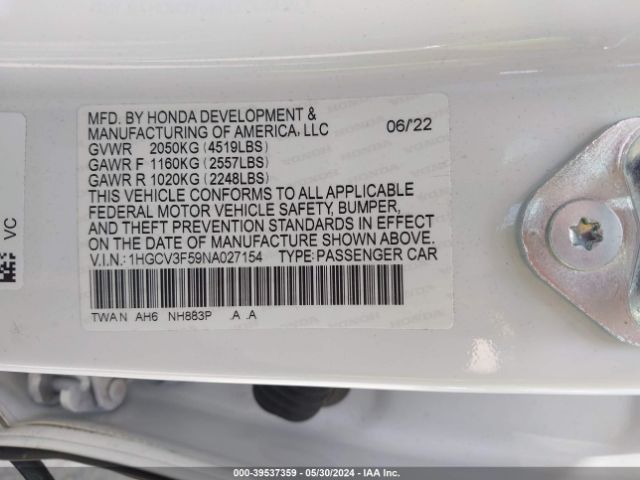 1HGCV3F59NA027154 Honda Accord Hybrid Ex-l