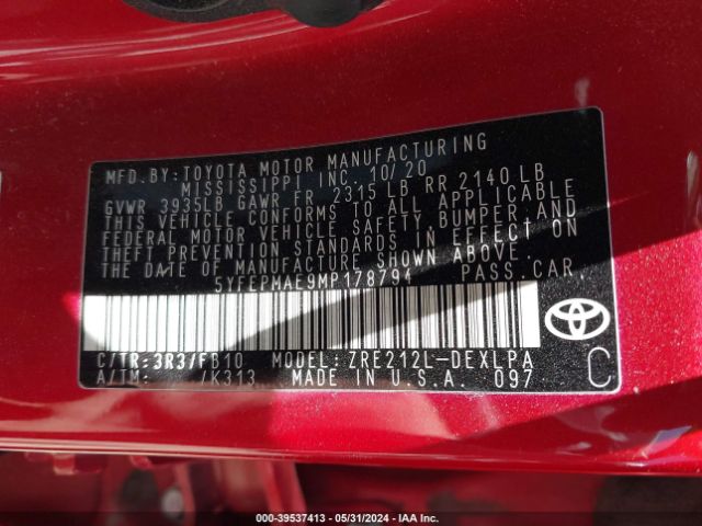 5YFEPMAE9MP178794 Toyota COROLLA LE