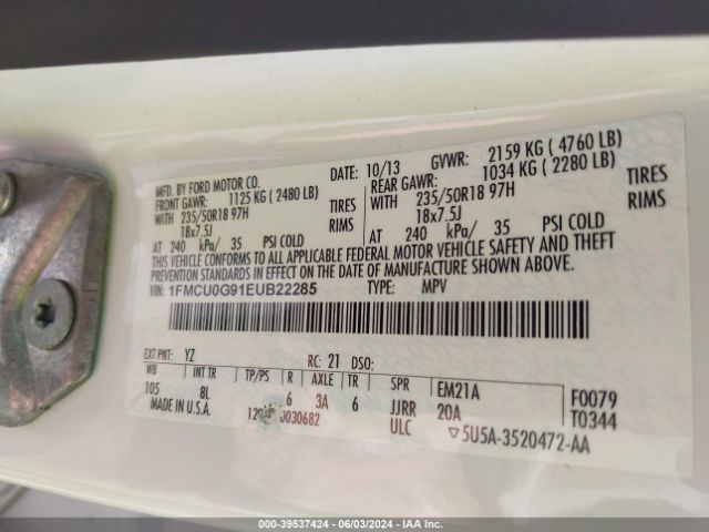 1FMCU0G91EUB22285 Ford ESCAPE SE