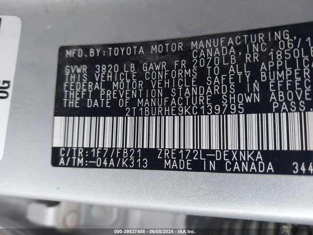 Toyota COROLLA LE 2019 2T1BURHE9KC139795 Image 9