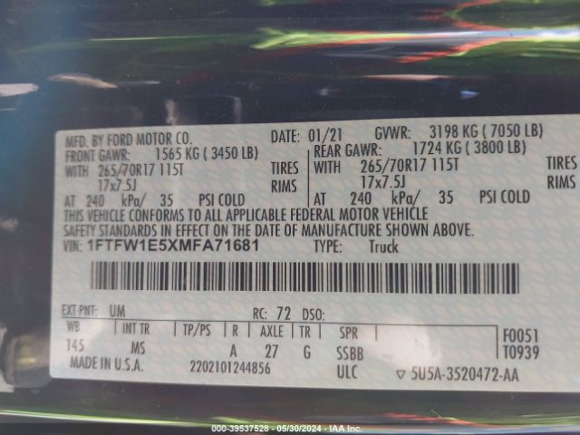 1FTFW1E5XMFA71681 Ford F-150 Xlt