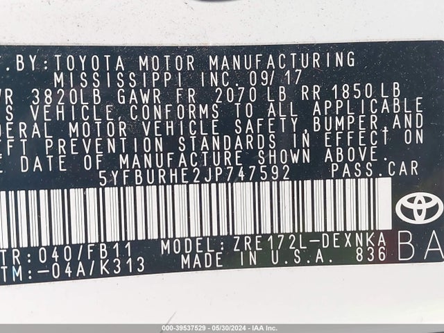 Toyota COROLLA LE 2018 5YFBURHE2JP747592 Image 9