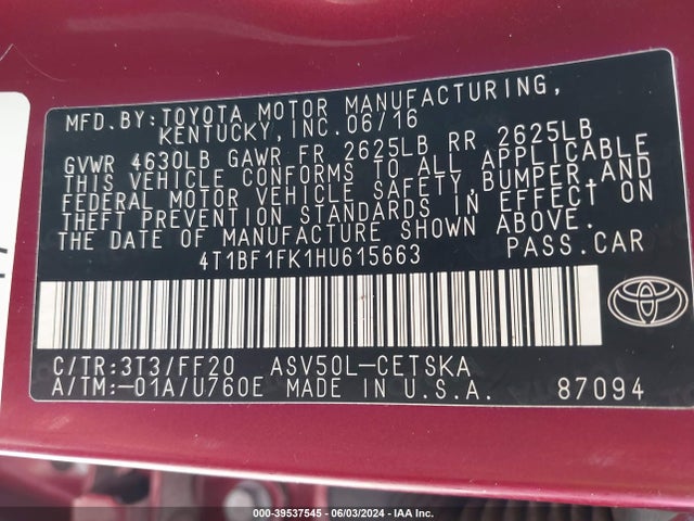 Toyota CAMRY SE 2017 4T1BF1FK1HU615663 Image 9