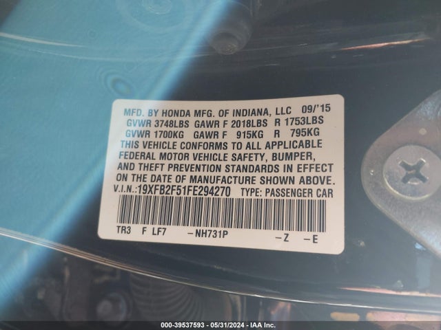 Honda Civic Lx 2015 19XFB2F51FE294270 Image 9