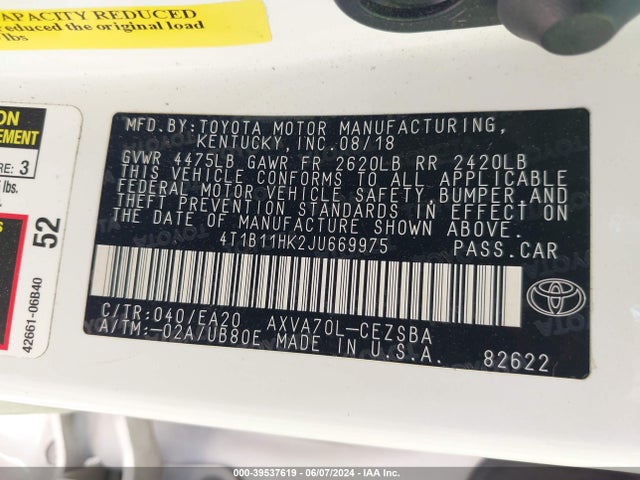 Toyota CAMRY SE 2018 4T1B11HK2JU669975 Image 9