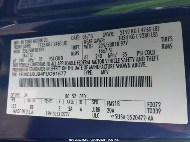 Ford Escape Titanium 2015 1FMCU0J94FUC61577 Image 9