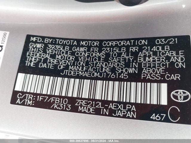 Toyota COROLLA LE 2021 JTDEPMAE0MJ176145 Image 9