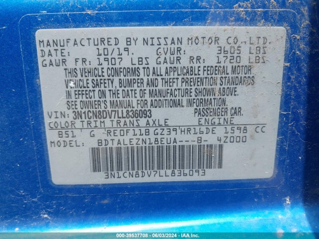 Nissan Versa S Xtronic Cvt 2020 3N1CN8DV7LL836093 Image 9