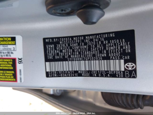 5YFBURHE7GP502036 Toyota COROLLA L