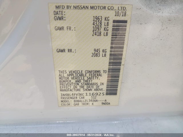 Nissan Altima 2.5 Platinum 2019 1N4BL4FV3KC116925 Image 9