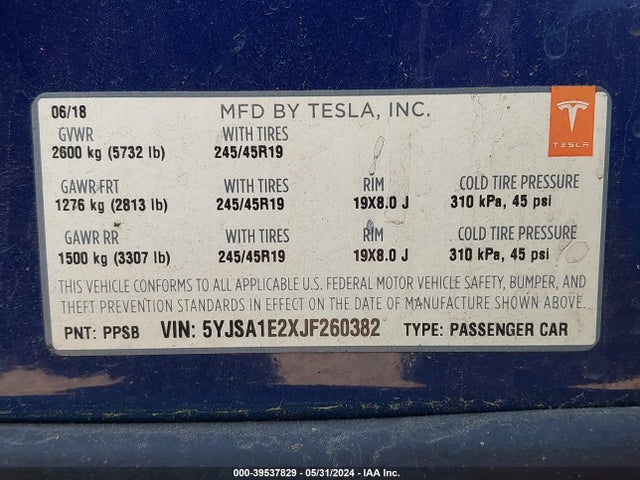 5YJSA1E2XJF260382 Tesla Model S 100d/75d/p100d