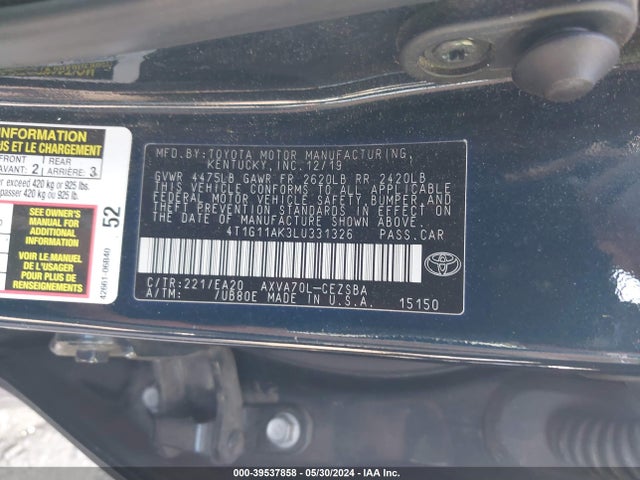 Toyota CAMRY SE 2020 4T1G11AK3LU331326 Image 9