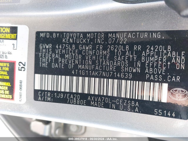 Toyota CAMRY SE 2022 4T1G11AK7NU714639 Image 9