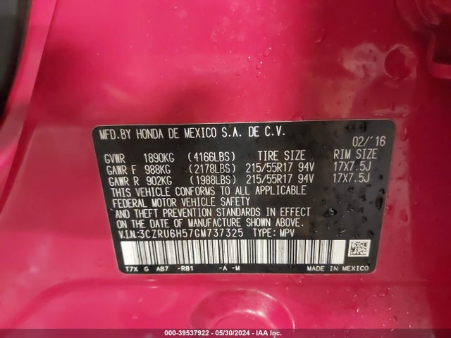 Honda HR-V EX 2016 3CZRU6H57GM737325 Image 9