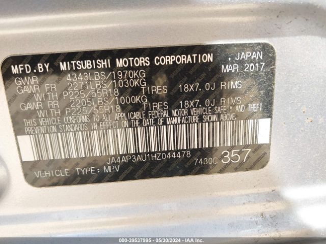 JA4AP3AU1HZ044478 Mitsubishi Outlander Sport 2.0 Le