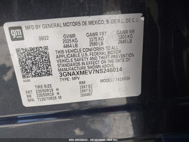 3GNAXMEV7NS246014 Chevrolet Equinox Fwd Rs
