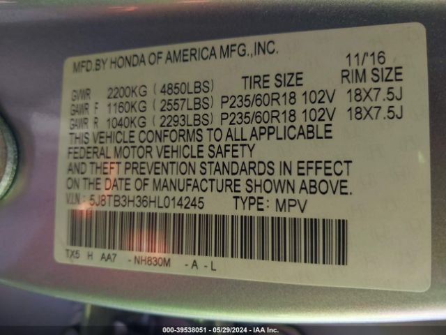 5J8TB3H36HL014245 Acura Rdx Acurawatch Plus Package
