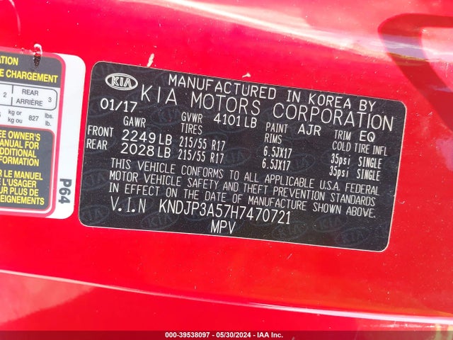 KIA SOUL + 2017 KNDJP3A57H7470721 Image 9