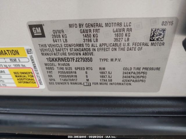1GKKRNED7FJ279350 GMC Acadia Sle-1