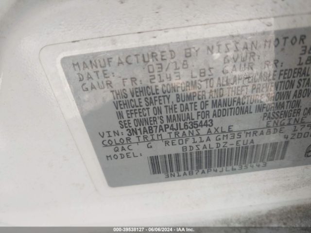3N1AB7AP4JL635443 Nissan SENTRA SV
