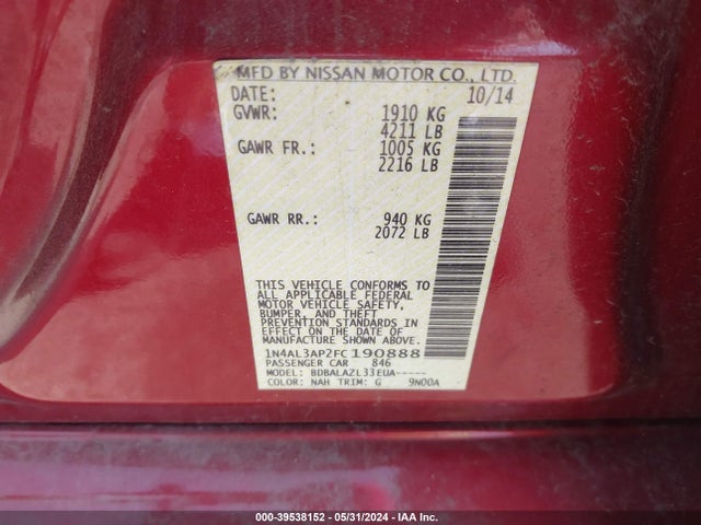 Nissan ALTIMA 2.5 2015 1N4AL3AP2FC190888 Image 9