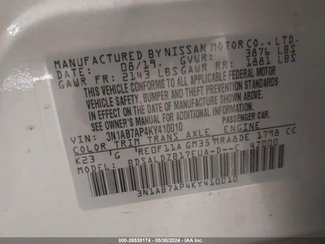 Nissan SENTRA SV 2019 3N1AB7AP4KY410010 Image 9