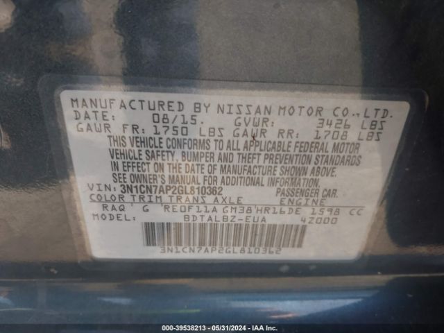 3N1CN7AP2GL810362 Nissan Versa 1.6 S/1.6 S+/1.6 Sl/1.6 Sv