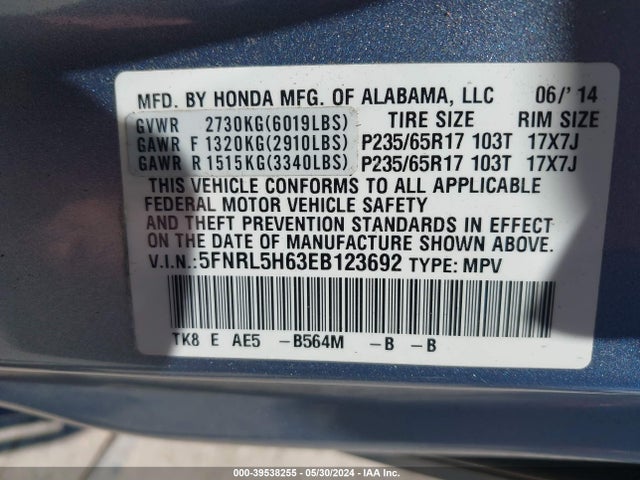 Honda Odyssey Ex-l 2014 5FNRL5H63EB123692 Image 9
