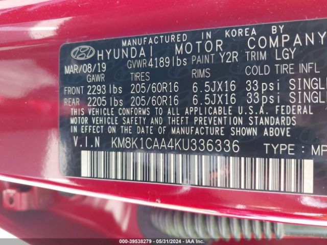 KM8K1CAA4KU336336 Hyundai Kona Se