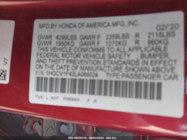 1HGCV1F43LA066024 Honda ACCORD EX