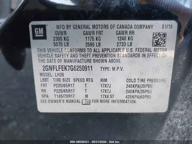 Chevrolet EQUINOX LT 2016 2GNFLFEK7G6250911 Image 9