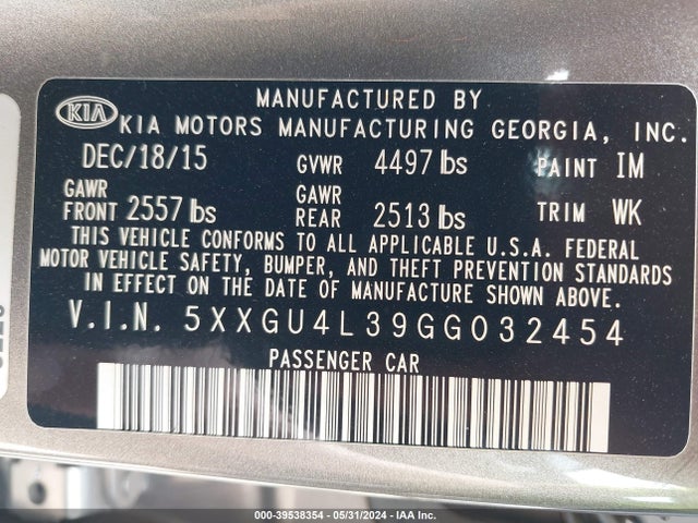 KIA OPTIMA EX 2016 5XXGU4L39GG032454 Image 9