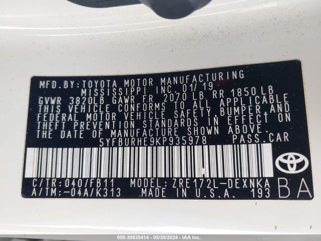Toyota COROLLA LE 2019 5YFBURHE9KP935978 Image 9