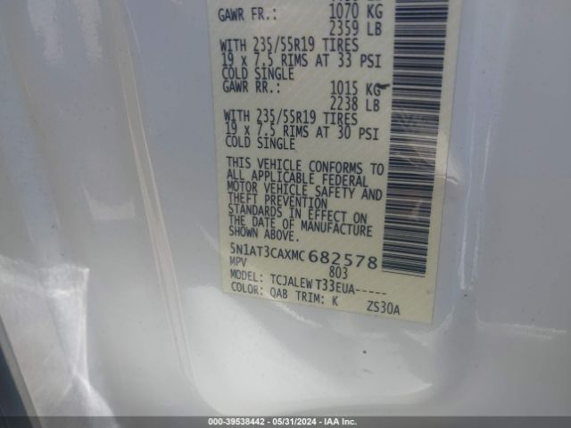 5N1AT3CAXMC682578 Nissan Rogue Sl Fwd