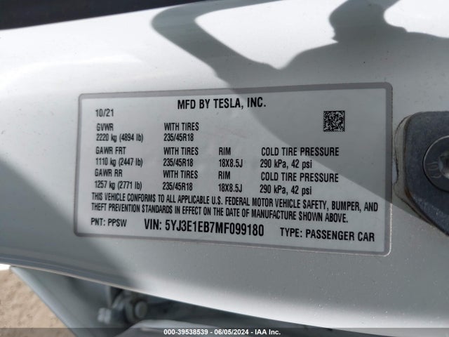 Tesla Model 3 Long Range Dual Motor All-wheel Drive 2021 5YJ3E1EB7MF099180 Image 9