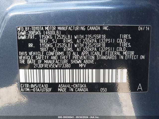 Toyota Rav4 Limited 2014 2T3DFREV5EW173380 Image 9