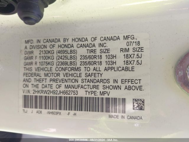 2HKRW2H92JH662753 Honda Cr-v Touring