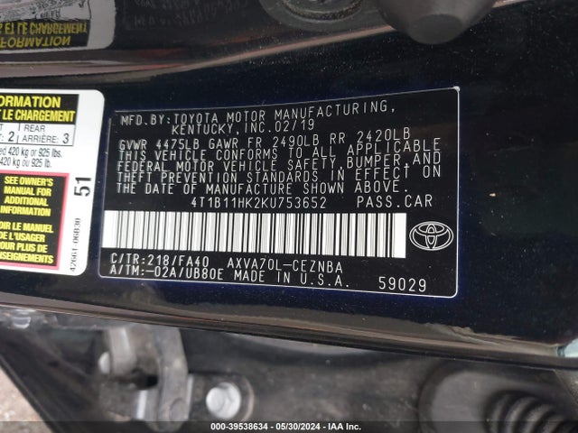 Toyota CAMRY LE 2019 4T1B11HK2KU753652 Image 9