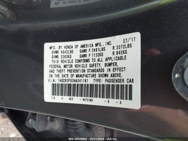 1HGCR3F90HA041181 Honda Accord Touring V6