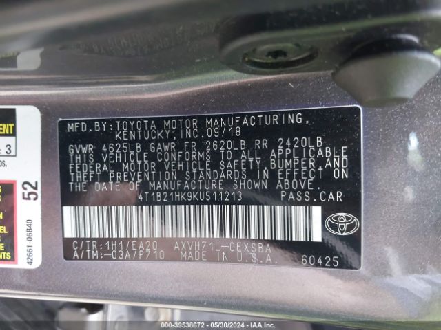 4T1B21HK9KU511213 Toyota Camry Hybrid Se